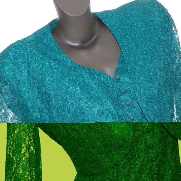 Lace DRESS & BOLERO 2 Pc. Set Vittoria Virini Teal Aqua Green Floral Vtg 80s-90s - Picture 5 of 9